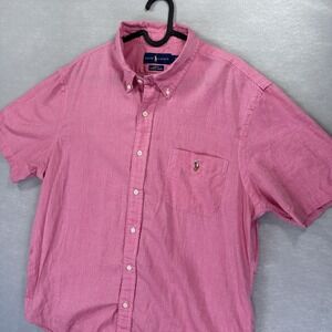 RALPH LAUREN Shirt Mens XL Slim Fit Chambray Oxford Rare SS Pocket Logo Red/Pink